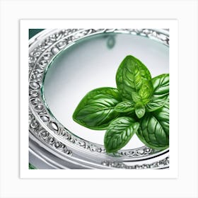 Silver Plate With Basil Art Print