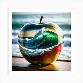 Stormy Sea Seamlessly Integrated Within A Translucent Half Glas Apple On A Wood Table Art Print