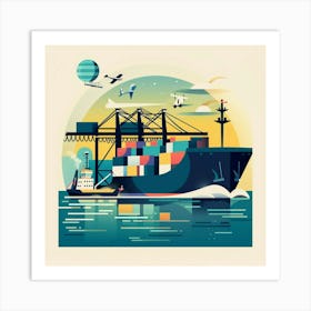 Illustration Of A Container Ship Art Print