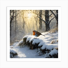 Winter Sun, Robin on the Snowy Bank Art Print