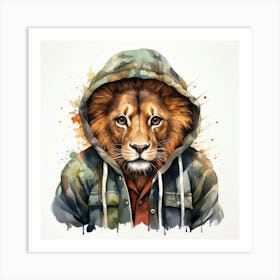 Watercolour Cartoon Lion In A Hoodie 2 Art Print