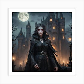 Vampire Girl In Front Of Castle Art Print