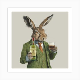Watercolour Irish Hare Drinking Whiskey Art Print
