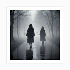 Silhouettes Of Three Women In Dresses Walking Away From The Viewer On A Foggy Path Lined With Bare Trees Art Print