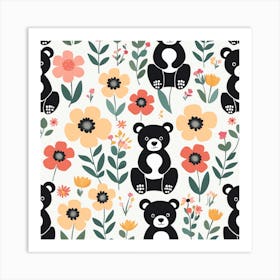 Floral Baby Black Bear Nursery Illustration (27) Art Print