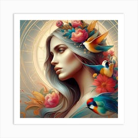 Beautiful Woman With Birds And Flowers Art Print