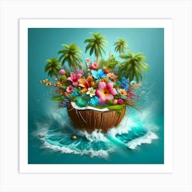 Tropical Flowers In A Coconut Art Print