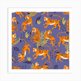 Tiger Pattern On Purple With Green Tropical Leaves Square Art Print