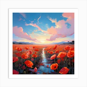 Vast Poppy Fields Hues Spanning From Pale Blue To Soft Pastel Light Pink To Burnt Sienna Flowers Art Print