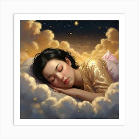 A photorealistic portrayal of a woman with shiny black bobbed hair, asleep on shimmering golden clouds. The sky around her is dotted with stars, each shaped like a Hello Kitty cat, casting a soft glow. Created Using: high-resolution detail, magical night sky, gold-tinted clouds, playful star designs, tranquil mood, soft glow effects, enchanted setting, clear focus --ar 16:9 --v 6.0 3 Art Print