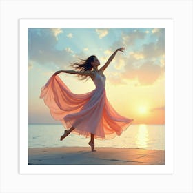 Elegant Dancer With Watercolor Tranquil Dusk Sky 1 Art Print