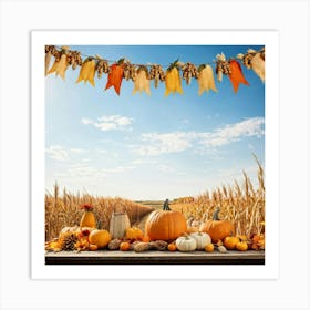 Autumnal Harvest Scene Capturing A Gourd Squash And Pumpkin Amongst A Field Of Corn Under A Cornfl (2) Art Print