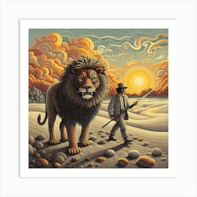 Lion And The Hunter Art Print