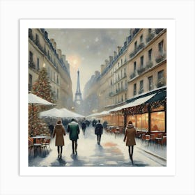 Paris cafes, winter season, Christmas, pale colors, pedestrians in the street, winter clothes, falling snow.13 1 Art Print