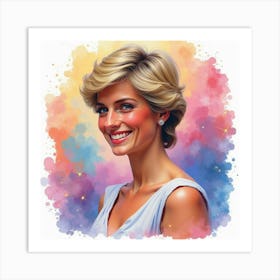 Smiling Princess Diana Framed By Colorful Watercolor Swirls And Sparkles 1 Art Print