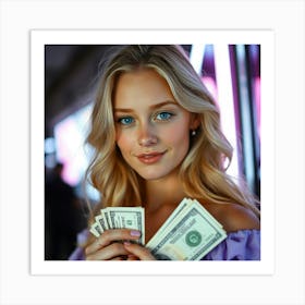 Beautiful Blonde Woman Holding Money Art Print