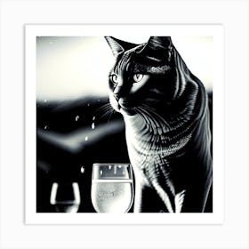 Black Cat With Wine Glass Art Print