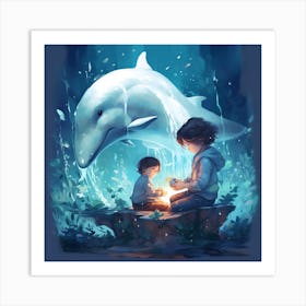 Dolphins And Children Art Print