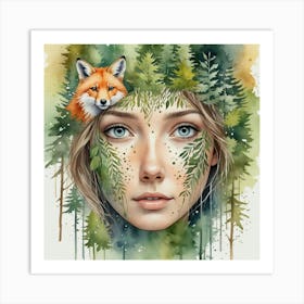 Fox And Girl In The Forest Art Print