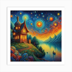 Starry Night with lake in psychedelic painting art Art Print