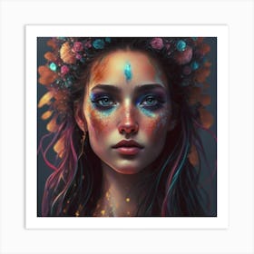 Girl With Flowers On Her Head Art Print