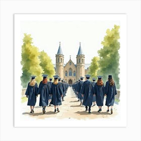 A Watercolor Of An English University Graduation Ceremony, With Students In Caps And Gowns 1 Art Print