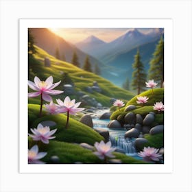 Lotus Flowers In A Mountain Stream Art Print