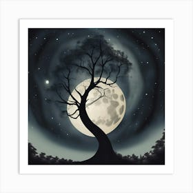 Spooky Tree and Moon B & W Art Print