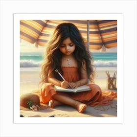 Little Girl Writing On The Beach 1 Art Print