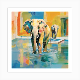 Elephants In Water Art Print