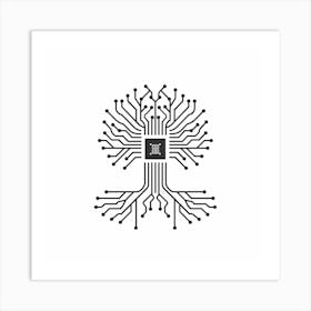 Design A Simple Logo, Vector Art Logo, Flat Design, 2d, Minimalist Logo, Wide Branches, Branches Growing From The Chip In The Middle Of Crown, Featuring A Whole Ash Tree Made Of Circuit Board Components With An Extensive Root Network Poster