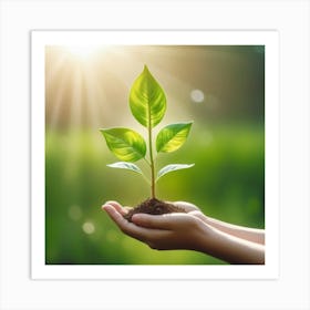 Hand Holding Young Plant With Sunlight Concept Eco Earth Day 3 Art Print