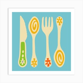 CUTLERY Pop Art Utensils Knife Spoon Fork in Vintage Retro Green Yellow Orange on Blue Kitchen Art Print