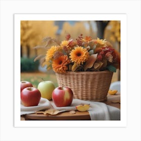 Photo An Autumn Flower Arrangement In A Basket Is On The Table Next To A Hat And Apples 3 Art Print