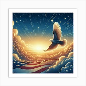 Eagle Flying Over Us Flag Art Print