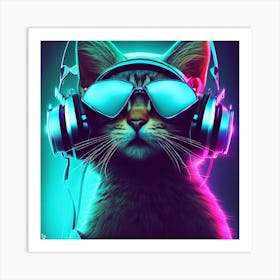 Cat With Headphones Art Print