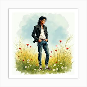 Watercolor Illustration Of Michael Jackson In A Lush Meadow 1 Art Print