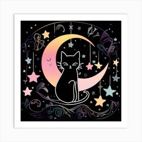 Black Cat On The Moon whimsical minimalistic line art Art Print