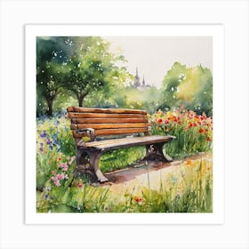 watercolor painting of a wooden bench in a park with flowers and green grass around it Art Print