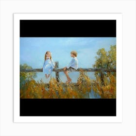 Two Children Sitting On A Fence Art Print