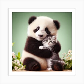 Panda Bear Hugging Kitten Art Print