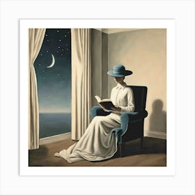 Evening Repose: Serene Woman Reading Book by Moonlight Art Print