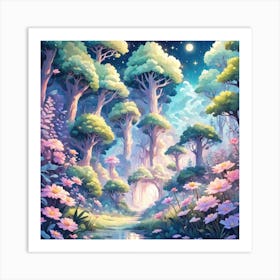 A Fantasy Forest With Twinkling Stars In Pastel Tone Square Composition 122 Art Print