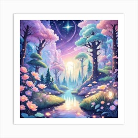 A Fantasy Forest With Twinkling Stars In Pastel Tone Square Composition 315 Art Print