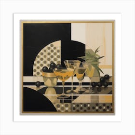 Art Deco still life painting of a cocktail set, with a shaker, glasses, and a tray filled with olives Art Print