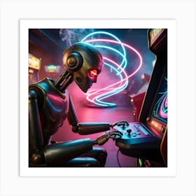 A Worn, Retro Futuristic Robot With Brass Accents And Visible Mechanical Joints Sits In A Dimly Lit, Smoke Filled Arcade, Its Glowing Red Eyes Fixed On A High Tech Video Game Console Displaying A Mesmerizing Neon Lit Virtual World (3) Art Print