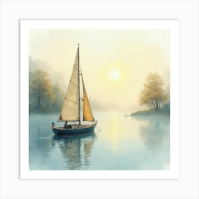 Cozy Sailboat Amidst Watercolor Morning Haze 1 Art Print