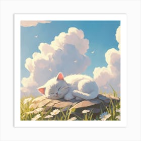 White Cat Sleeping In The Grass Art Print