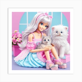 Beautiful Girl And Her Cat's Art Print