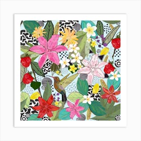 Tropical Pattern With Humming Bird, Strawberry And Colorful Lily Floral Pattern Square Art Print